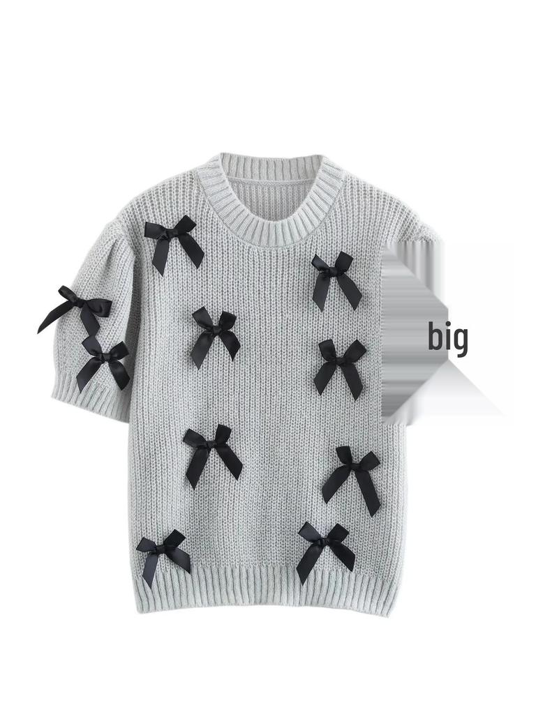 2025 Весна/Лето Женский Повседневный Однотонный Свитер с Круглым Вырезом и Коротким Рукавом-Фонариком