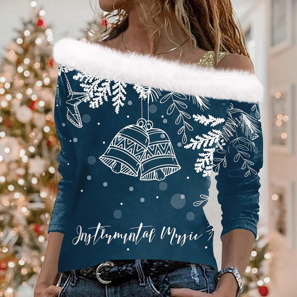 Женский повседневный свободный топ с длинными рукавами и рождественским принтом из плюша