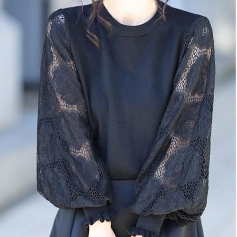 Весна и осень французский стиль кружева сращивание рукава фонарь круглый вырез капюшон свитер женский вязаный свитер верхняя одежда