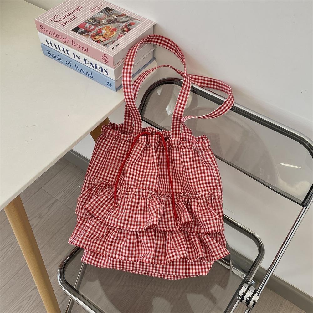 Sweet Canvas Plaid Bag College Style Cute Ruched Handbag Casual Ruffle Shoulder Bag  Travel