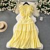 Vintage Solid Dress for Women's Round Neck Flying Sleeve Lace Trim Slim A-line Holiday Summer Dress Casual Robes