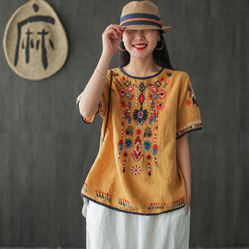 Женская футболка из льна с круглой горловиной в стиле ретро, весна-лето, свободная, в литературном стиле, приталенная, в этническом стиле