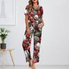 Women's Ice Silk Satin Christmas Print Pajama Set Short Sleeve Shirt And Long Pajama Pants Set Soft Home Clothes