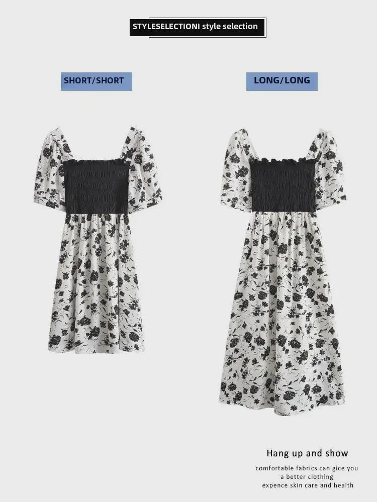 Летнее платье длиной до колена с цветочным принтом 2024 года, французскими рукавами-фонариками и утягивающим талию дизайном