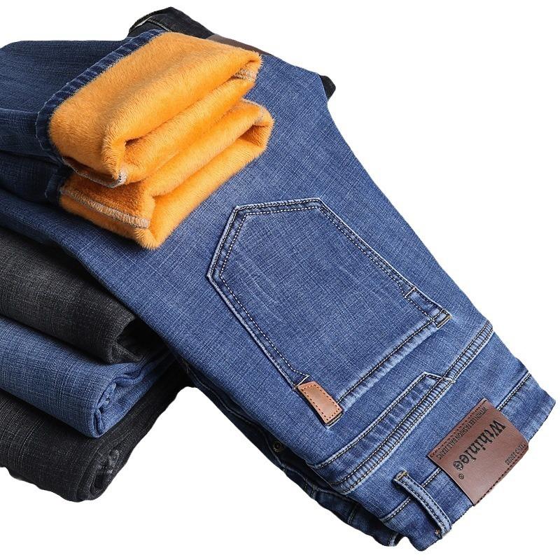 Зимние новые мужские джинсы 2024 года с толстым бархатом и свободными эластичными прямыми брюками в деловом стиле