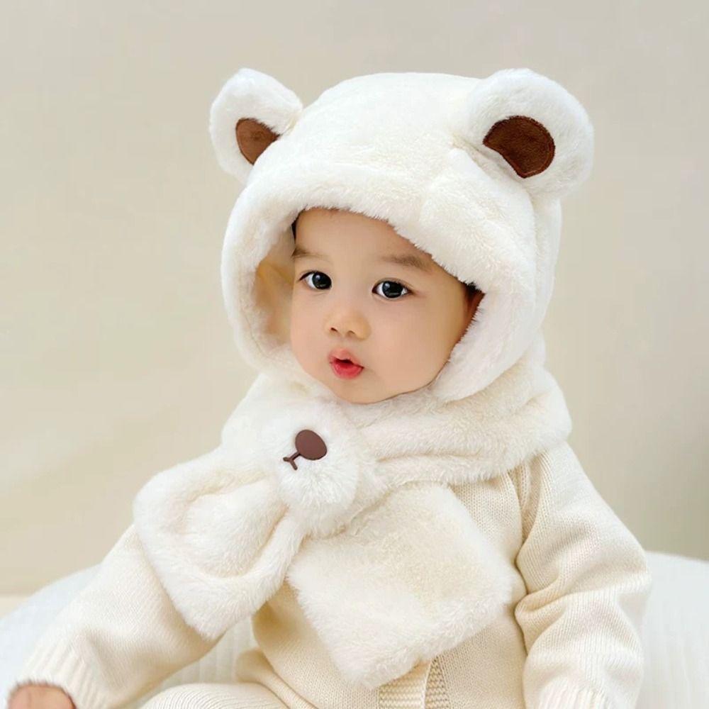 Solid Color Children Fleece Hat Fashion Design Plush Hat with Scarf Outdoor Bear Plush Hat Kid