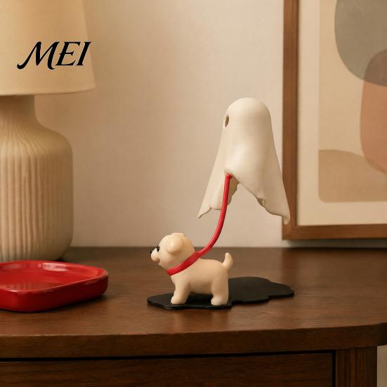 Anthropomorphic Dog Sculpture Halloween Ghost Walking Figurine, Cute Spooky Statue with Creative Table Centerpiece LED Candle, 3D Printed Tabletop