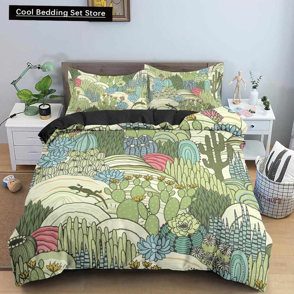 Пододеяльник Cactus King Queen Набор постельного белья с суккулентами для детей, подростков, взрослых Зеленый Ботанический с цветами 2/3 предмета Полиэстеровый пододеяльник