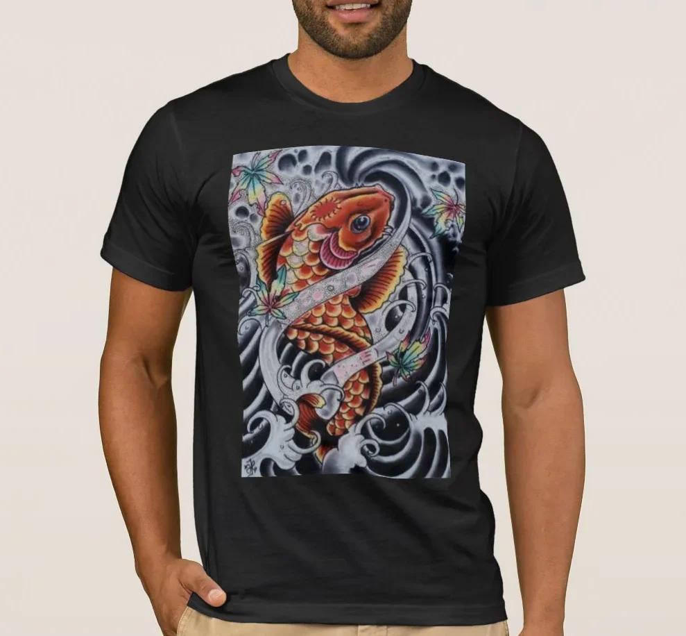 Colored KOI Tattoo Look Printed Premium TShirt Summer Cotton Short Sleeve ONeck Unisexs T Shirt New S3XL