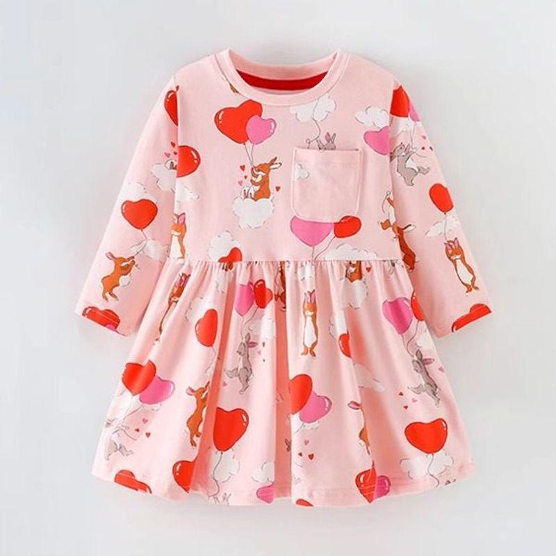 Cartoon Girls' Long-Sleeved Dress 2025 Autum New Style Fashionable Girl's Round Neck Pure Cotton Princess Dress Girls' Dress