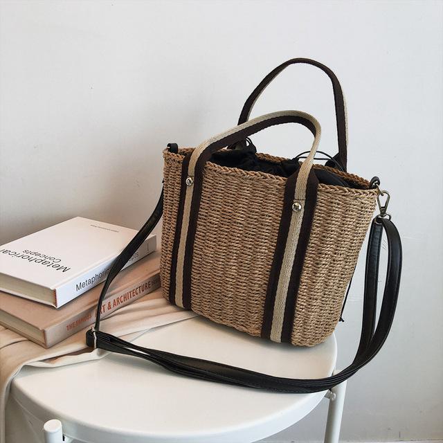 Женская сумка в богемном стиле, соломенная сумка, женская тканая женская сумка-тоут ручной работы, летняя пляжная сумка на плечо с полосатым ремнем, вязаная сумка из ротанга большой вместительности