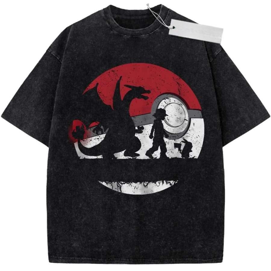 Oversize Vintage Washed Pokemon T Shirt Cosmic Espeon Umbreon Purple Blue Starry Night Graffiti Streetwear Casual Tee