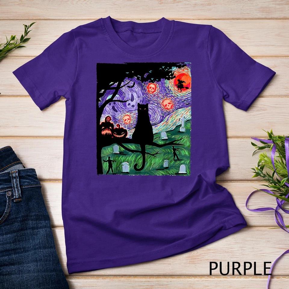 Scary Night Cat Van Gogh- Cat Black Halloween Pumpkin Art T-Shirt Unisex T-shirt 5