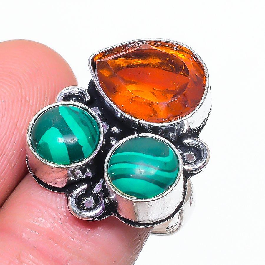 Малахит, Цитрин Ручной работы Ювелирное изделие из серебра 925 пробы Кольцо Размер 8 Z5t93