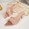 New Women's Shoes Pointed Rhinestone Mesh Yarn One-word Stiletto Open-toed Cool Slippers