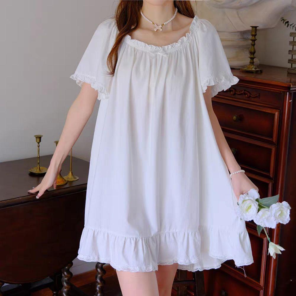 Short Sleeve Women's Pajama Dress Loose Princess Nightgown Elegant Ruffle Nightdress  Female