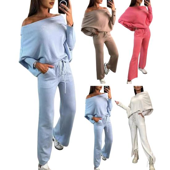 2 шт./комплект женский топ брюки комплект с открытыми плечами длинный рукав летучая мышь толстовка эластичный пояс расклешенные спортивные штаны спортивный наряд осенний повседневный спортивный костюм