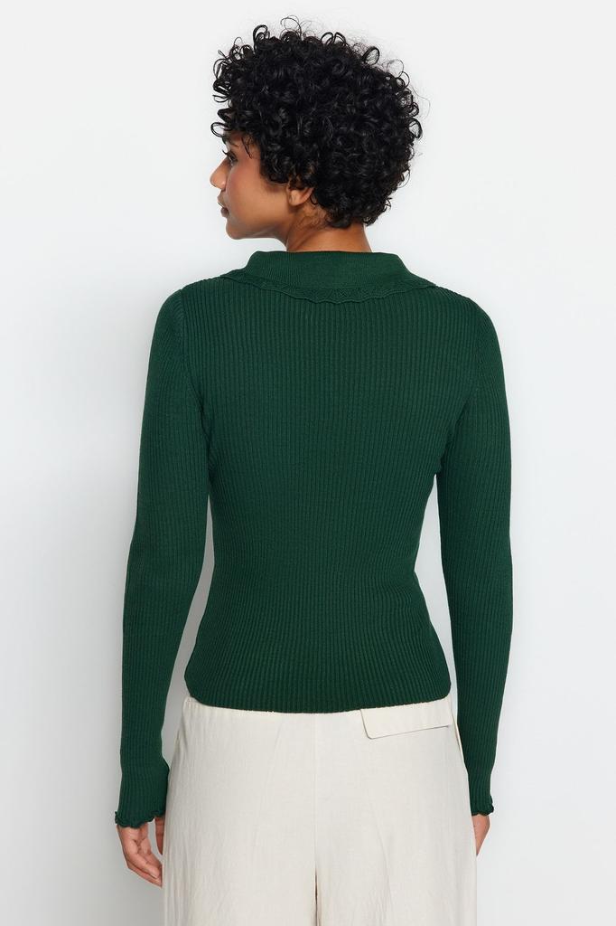 Женский модный новый свитер Изумрудно-зеленый трикотаж с вырезом поло