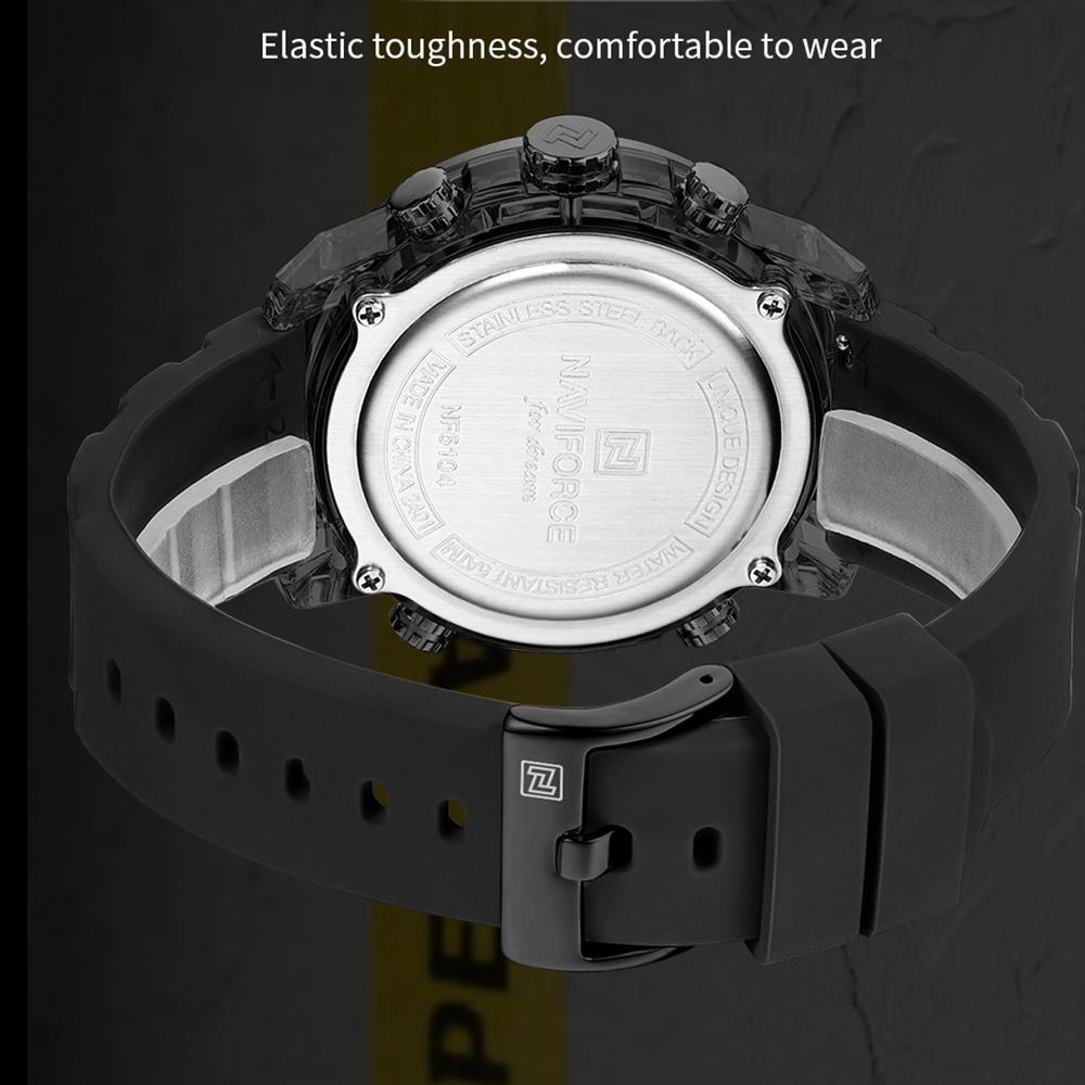 Naviforce Мужские спортивные часы Кварцевый механизм ЖК-цифровые часы Дата День Хронограф Водонепроницаемый силиконовый ремешок Мальчики Многофункциональные часы NF6104