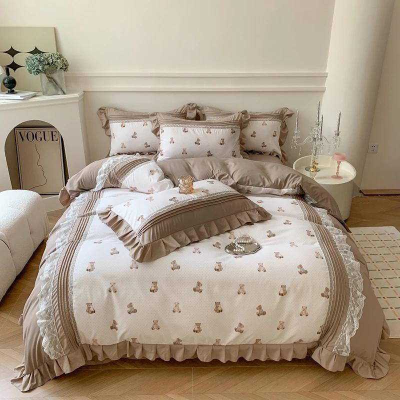 4Pcs Princess Bow Korean Duvet Cover With Ruffle Lace Luxury Bedding Set Bed Sheet For Girls Flower Bedspread Decor Home