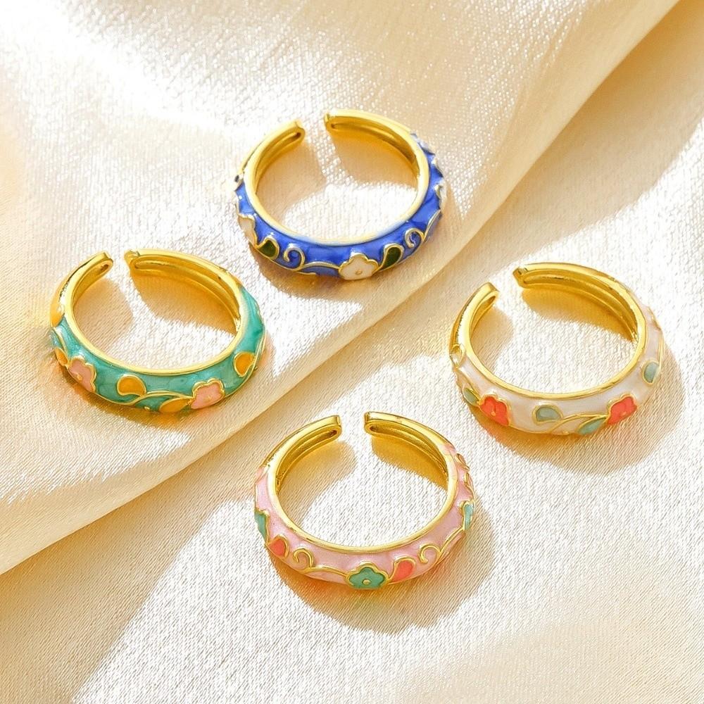 Colorful Flower Open Ring Versatile Drip Glazing Ring Unisex Oil-Drop Enamel Ring  Gift