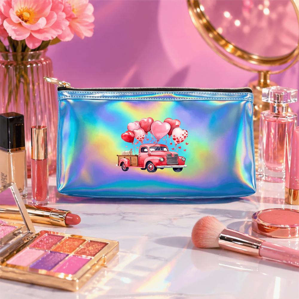 Vintage Pink Truck and Heart Balloons Pattern Laser Cosmetic Makeup Bag,Portable Travel Toiletry Organizer for Women Girls Birthday Gift