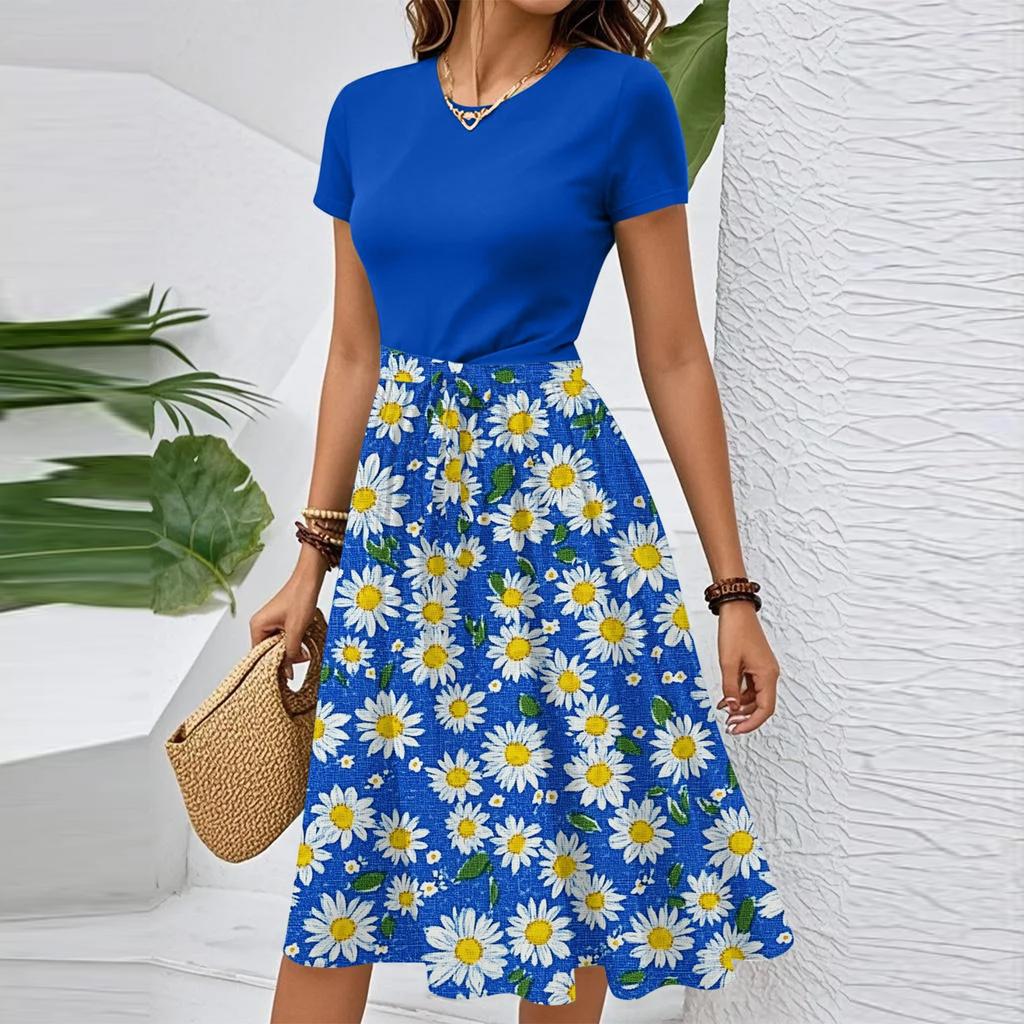 Women's Casual Fashion Belted Floral Print Short Sleeve Round Neck Elegant Dress