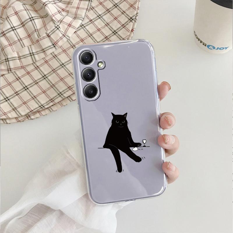 Милый черный кот мягкий прозрачный силиконовый чехол для Xiaomi Redmi Note 13 14T 15 Samsung A55 A35 S24 iPhone 15 Huawei Honor Camera защитный противоударный чехол