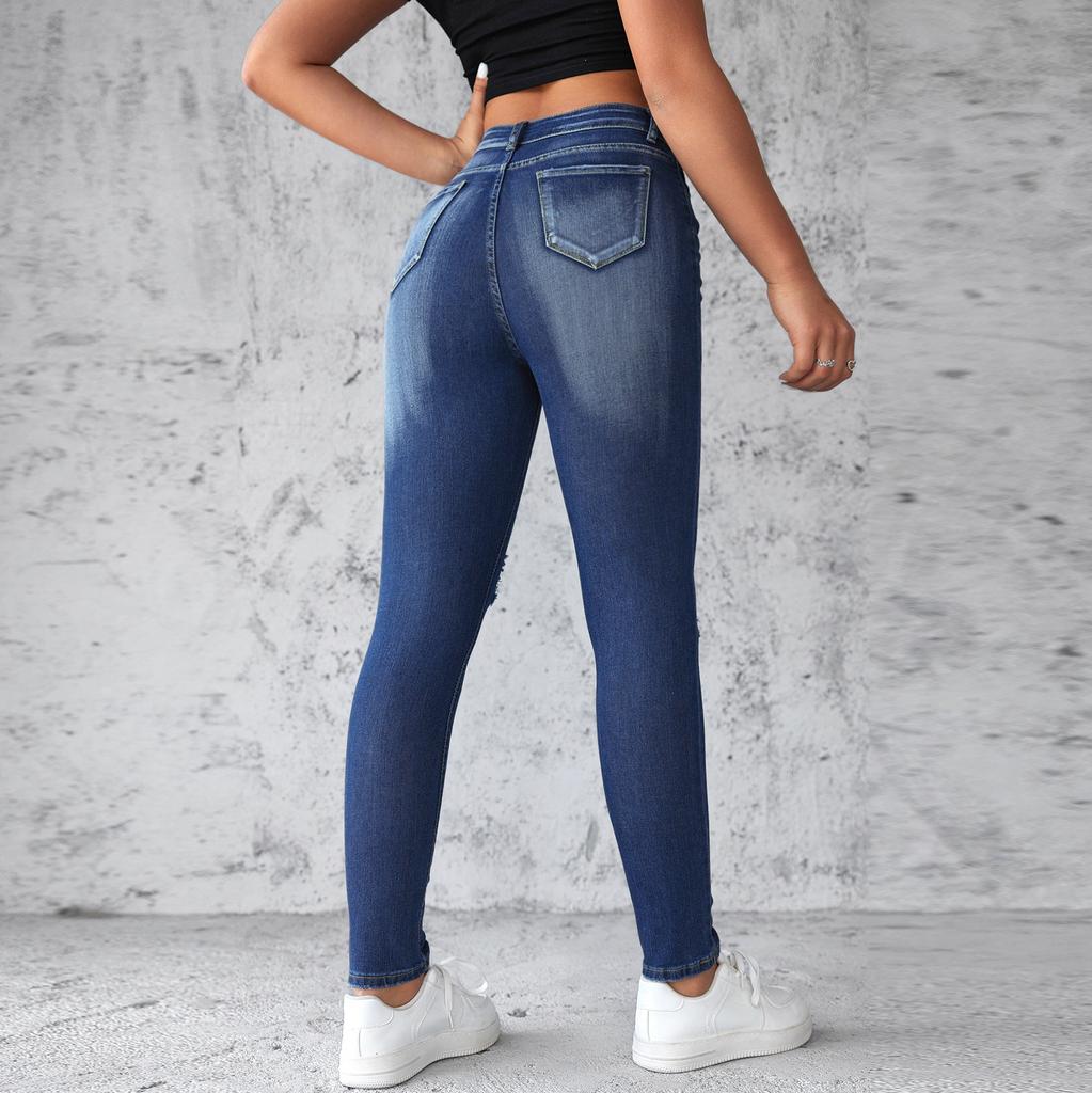 Women's Jeans Stretch Hole Jeans Skinny Lift Hip Pant High Waist Washed Trousers