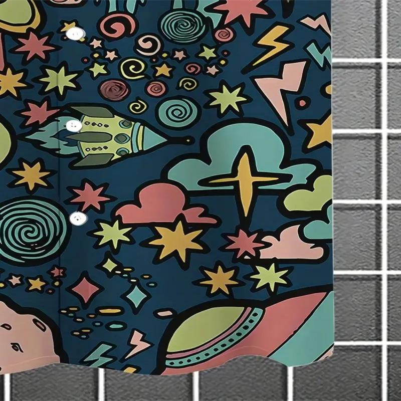 Мужская модная рубашка с коротким рукавом и принтом «Планета инопланетян» из легкого полиэфирного волокна с воротником на пуговицах, подходящая для летней повседневной носки