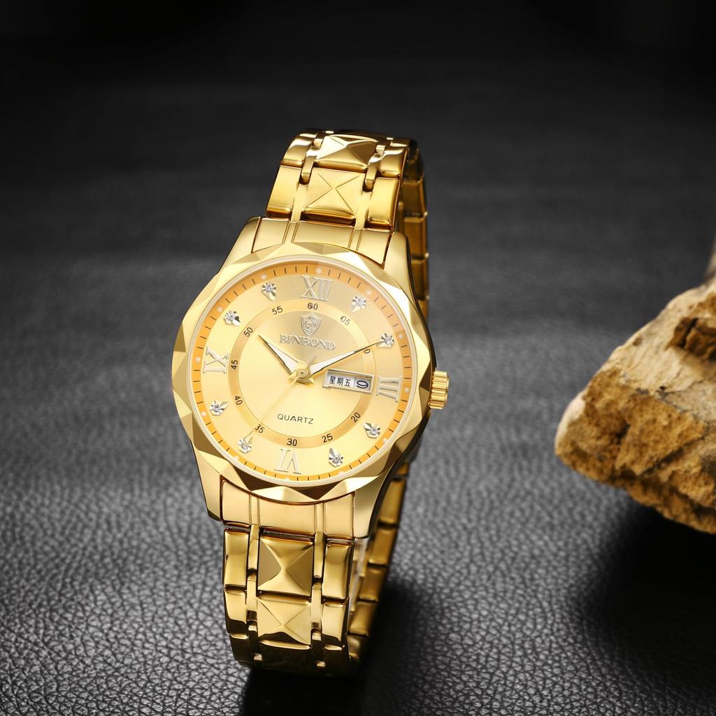 Simple Pair Watch Luminous Index Calendar Analog Display Waterproof Stainless Steel Adjustable Length Quartz Watch Fashion Watch Gold Day Present