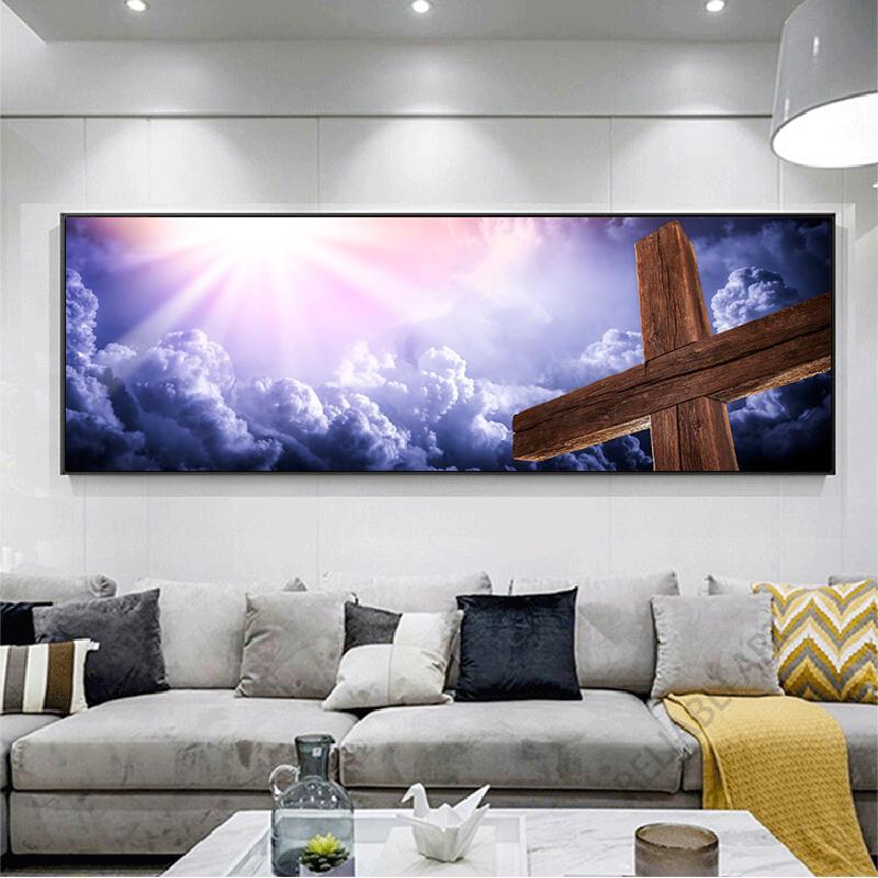 Иисус Христос три деревянных креста Холст Картина Восход солнца с облаками и звездным небом Плакаты для Спальня Декор в гостиную