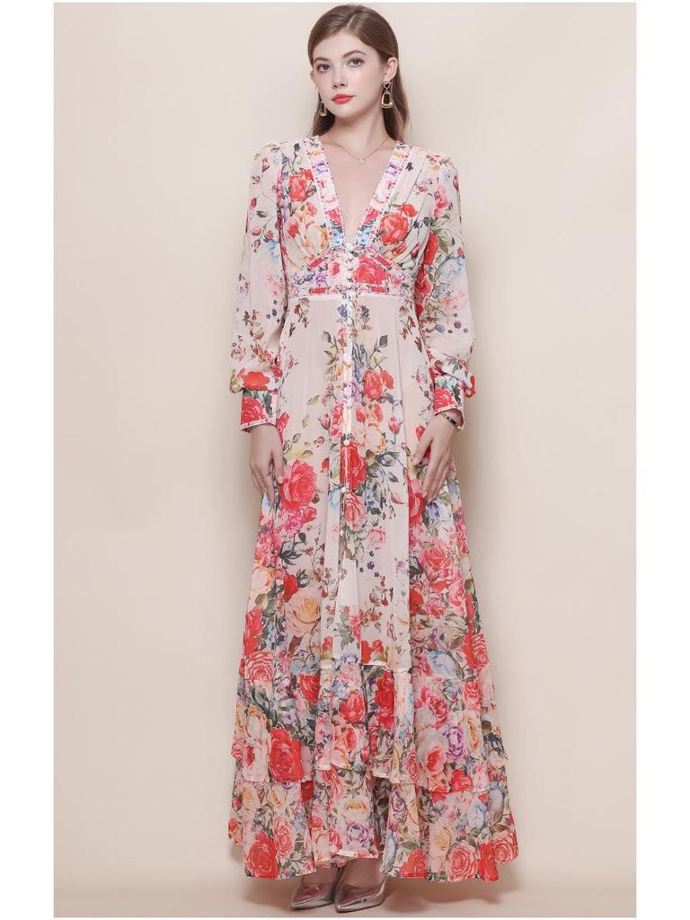 Women's Retro Court Style V-neck Dress with Lace-up Waist, Lantern Sleeves, Floral Print, and Large Hem - 2026 Collection