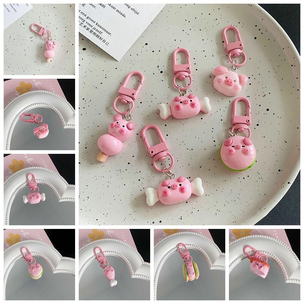 Gourmet Hamburger Pig Animal Keyring Resin Pig Food Keychain Creative Pink Pig Metal Keychain  Kids