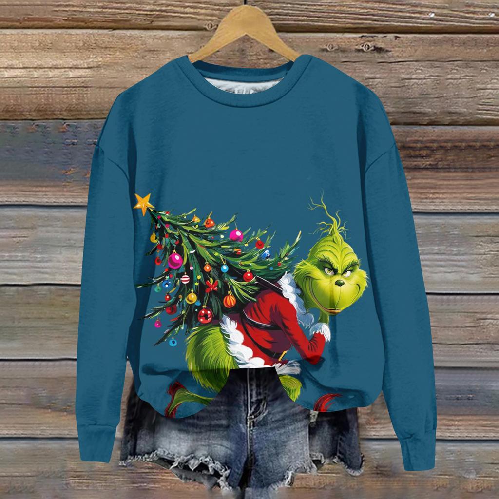 Ladies' Christmas Greentown Print Casual Long Sleeved Round Neck Sports Hoodie Top