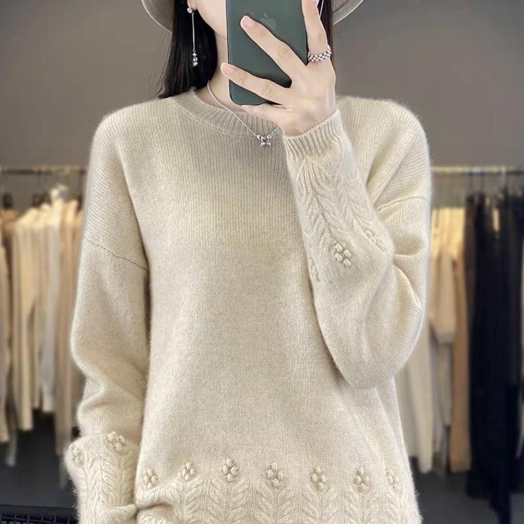 Autumn and Winter Round Neck Sweater for Women Solid Color Loose Jacquard Soft Glutinous Knitted Base Sweater and Pullover