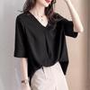 Летняя женская шифоновая блузка с V-образным вырезом 2024: Свободный крой, короткий рукав, корейский стиль