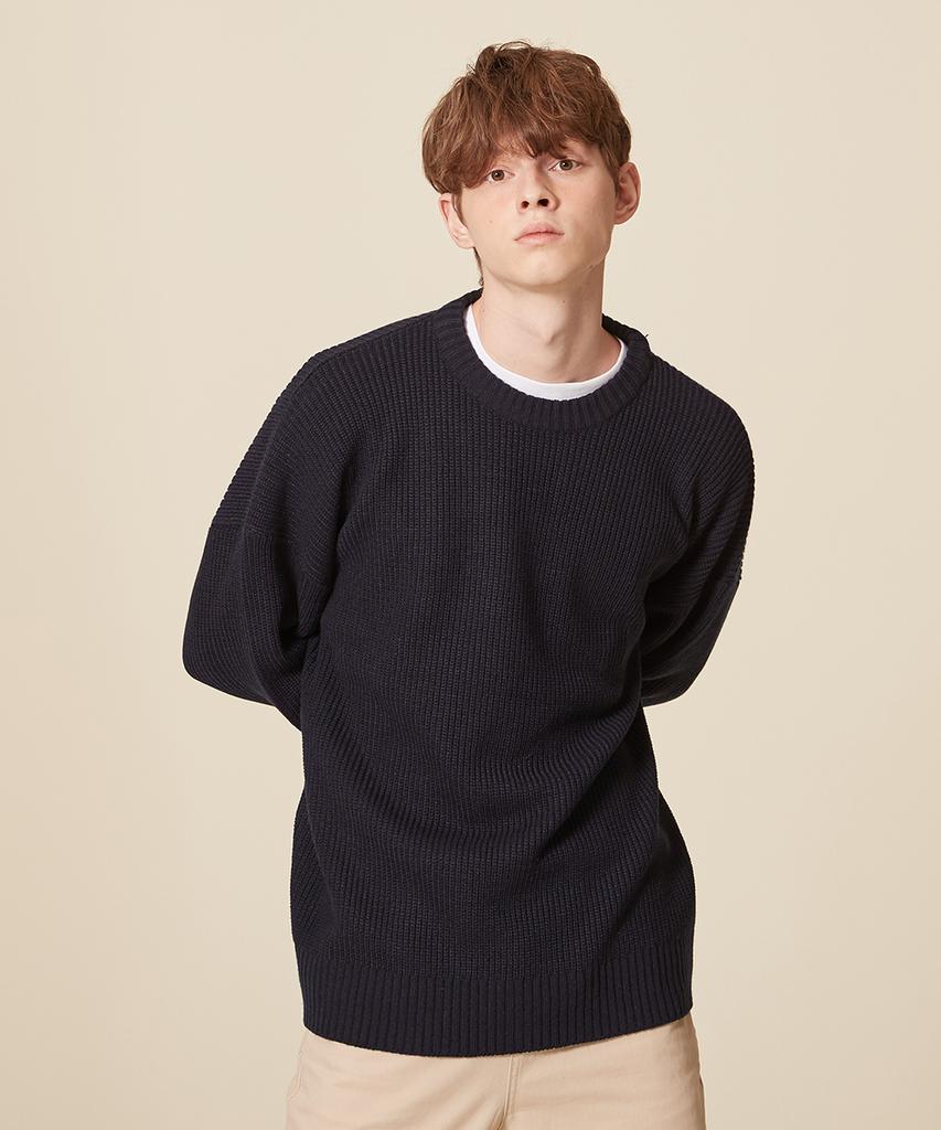 BLOND9 Crew Neck Rib Knit Sweater_Navy