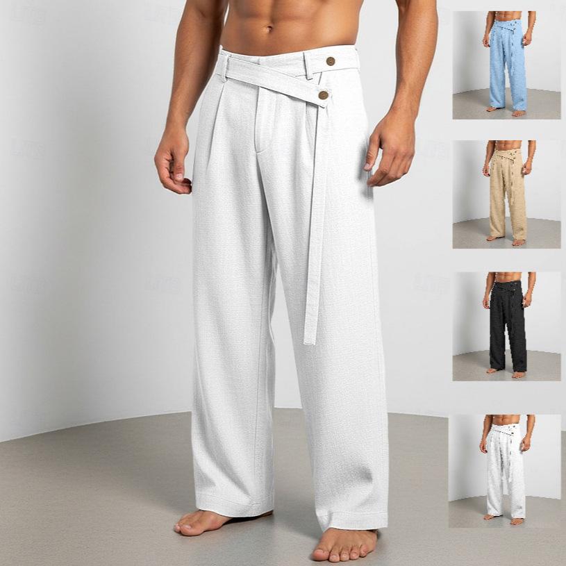 Men’s Fashionable Linen Asymmetrical Tie-Fastening Belt and Linen Casual Wide-Leg Trousers
