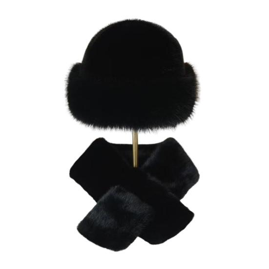 Winter Fuzzy Hat Scarf Set for Women Faux Fur Collar Wrap Scarf Thickened Plush Warm Cap for Cold Weather