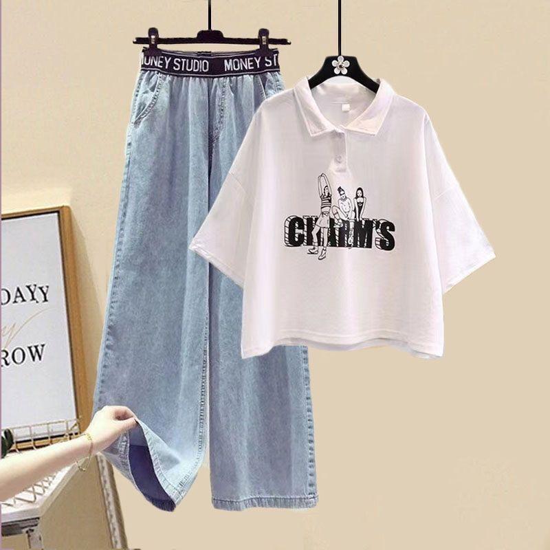 Summer Suit Female Student Korean Version of Loose College Style Short-sleeved T-shirt + Denim Elastic Waist Wide-leg Pants Suit