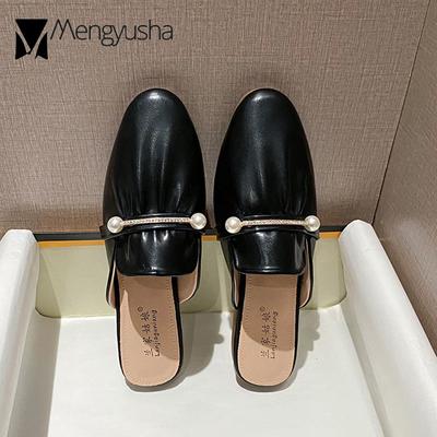 Модные удобные тапочки из цельной кожи, женские туфли с кристаллами и пряжкой, мюли с закрытым носком, женские туфли-лоферы без застежек на плоской подошве, женские удобные шлепанцы для отдыха на открытом воздухе