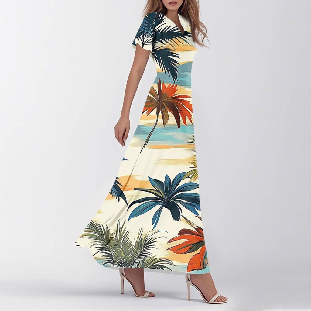 Women's Summer Casual Fashion Retro Floral Dress V Neck Short Sleeve Dress