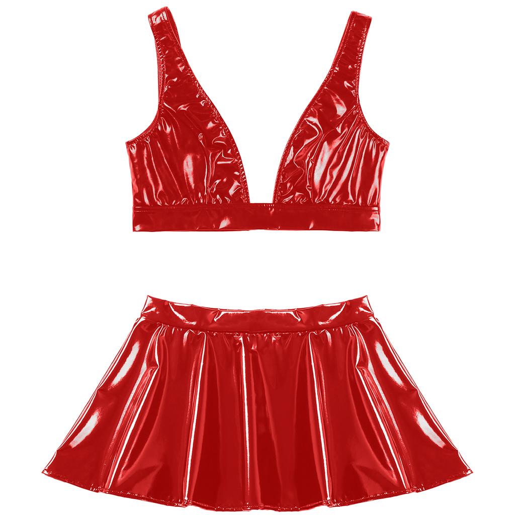 Женский сексуальный бюстгальтер из лакированной кожи из 2 предметов с расклешенными мини-юбками, комплекты клубной одежды для вечеринок Rave Dance