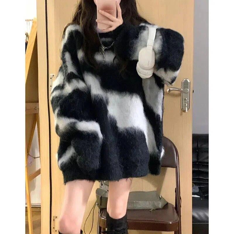 Gothic Women's Sweater Mohair Black and White Mosaic Knitted Pullover Loose and Soft Jumper High Street Autumn Winter Casual Top