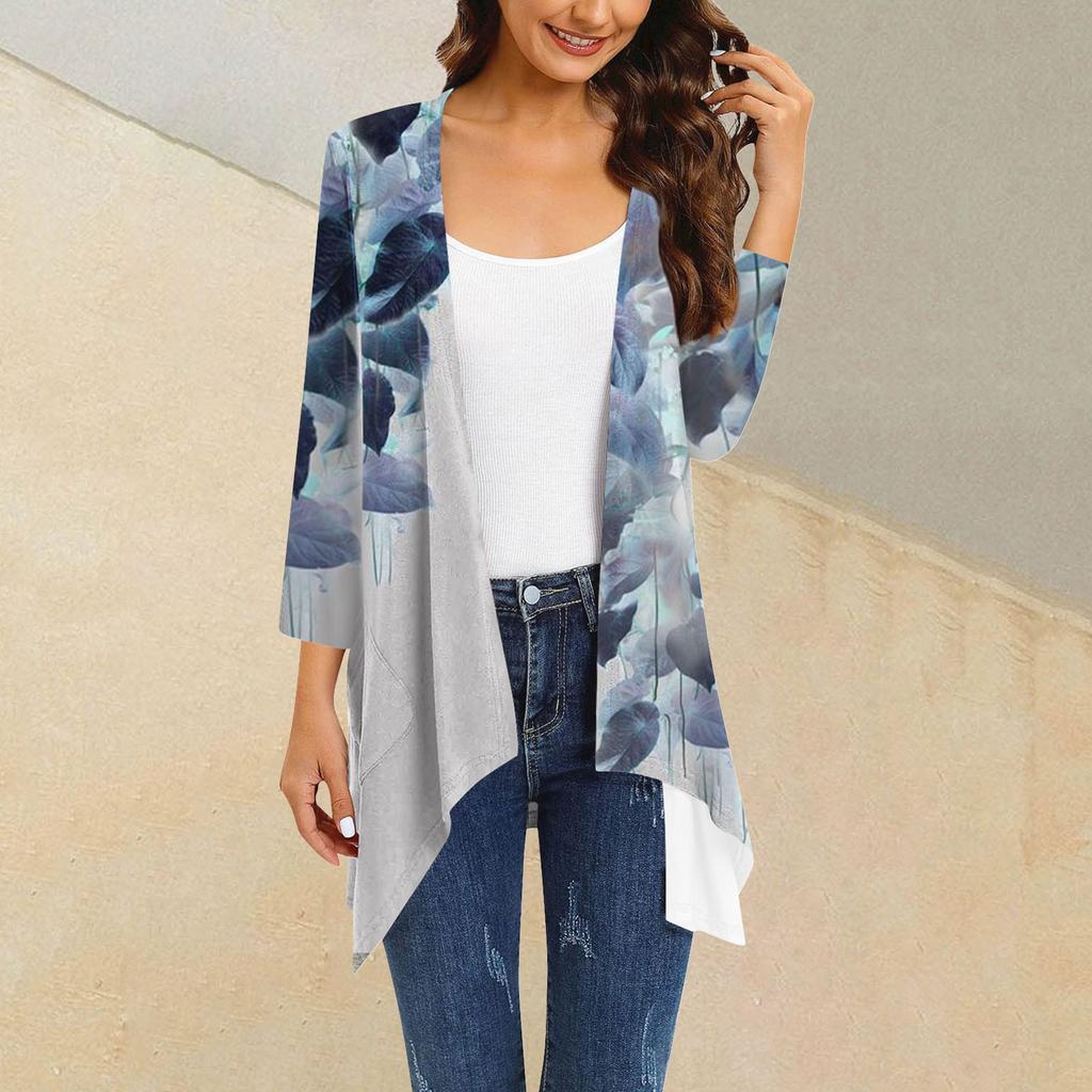 Women's Print Irregular Three-quarter Sleeve Cardigan With Pocket Jacket