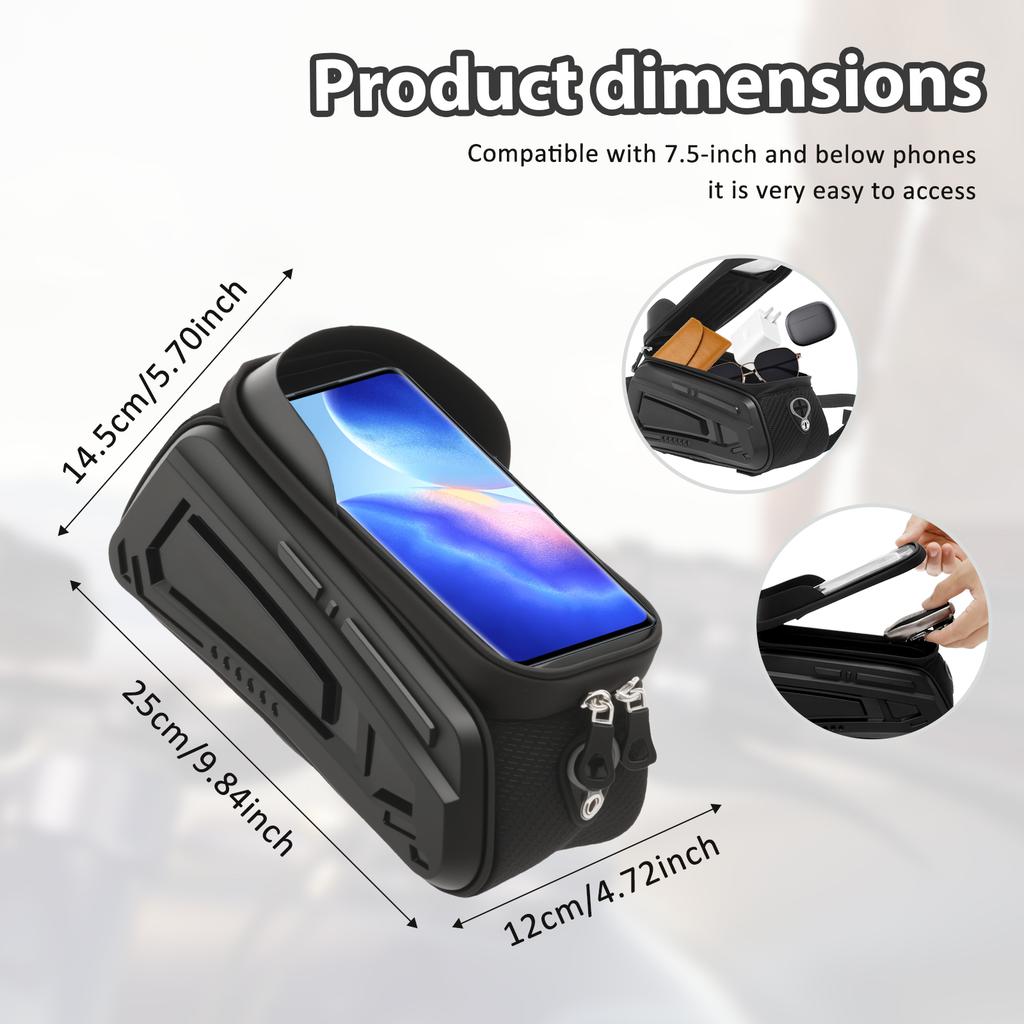 Bike Phone Holder Bag EVA Waterproof Bicycle Front Frame Bag with Zipper Sensitive TPU Touchscreen Outdoor Bike Phone Frame Bag