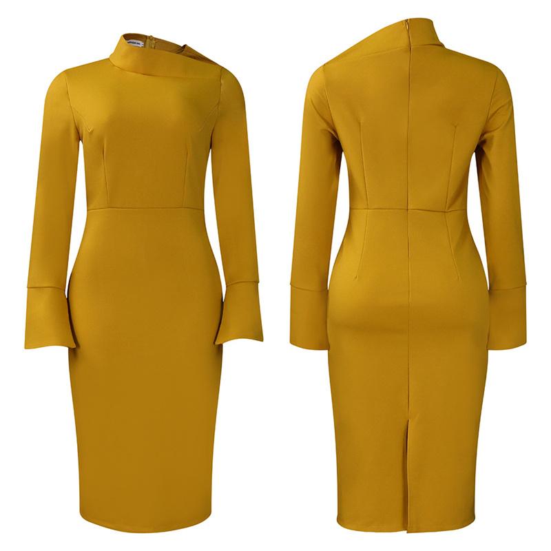 Одежда Платье Воротник Сплошной цвет Большие размеры Жен. Большие размеры Диагональ Длинный рукав Узкий