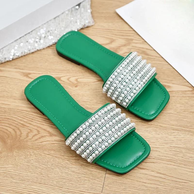 Плоские шлепанцы для женщин, модные женские сандалии с бисером, летние женские тапочки конфетных цветов