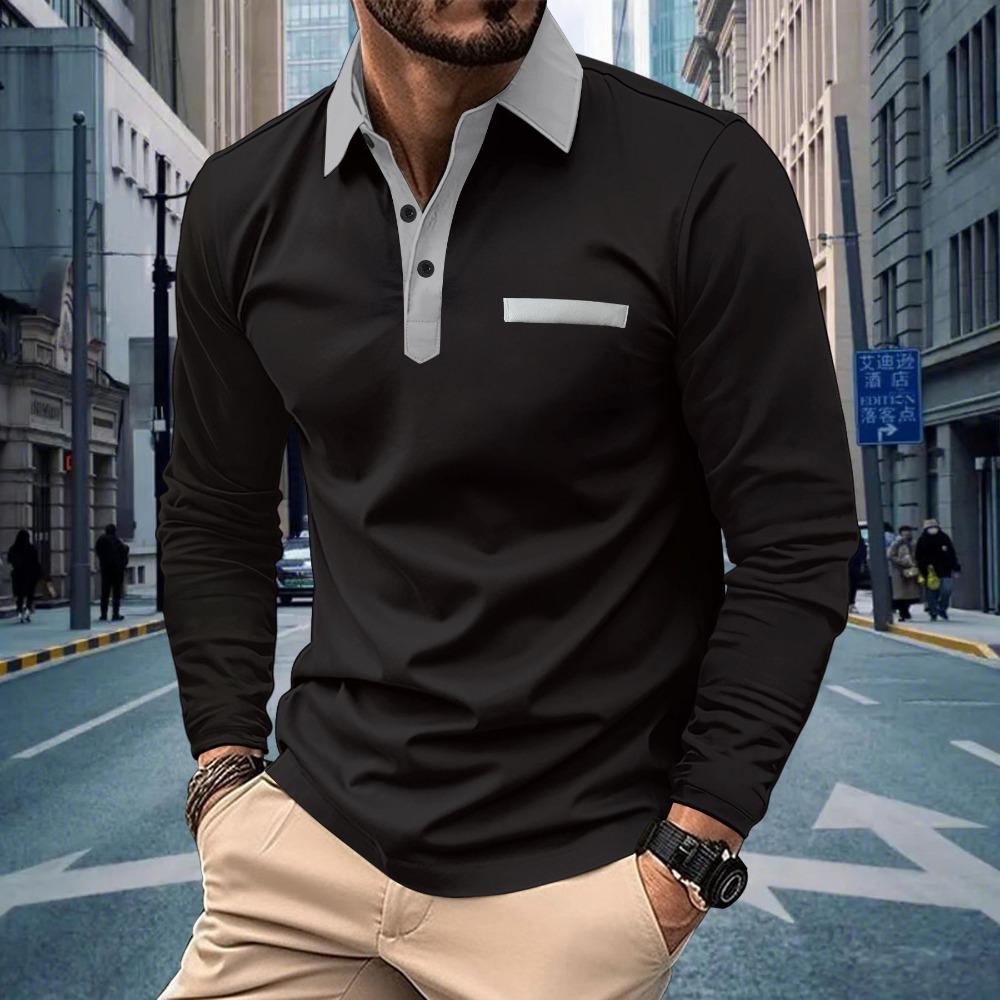 Autumn Men's Casual Button Lapel Solid Color Long Sleeved Polo Shirt